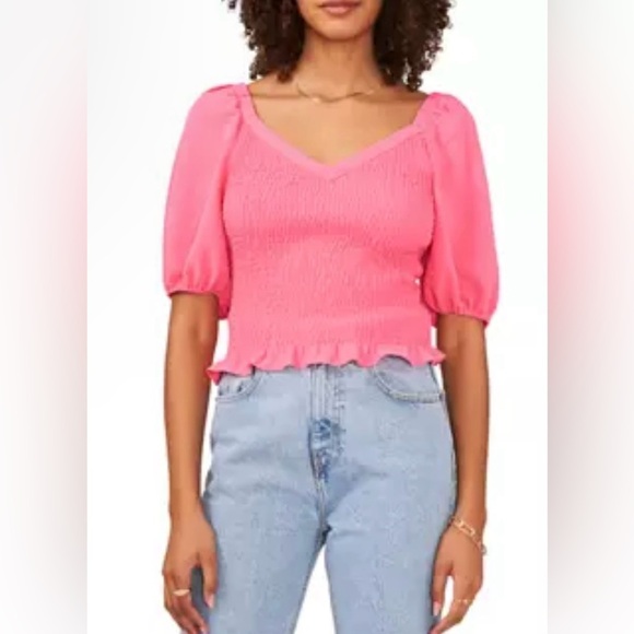 1. State Women’s size Large puff sleeve V neck smocked top in juneberry NWT - Picture 1 of 12